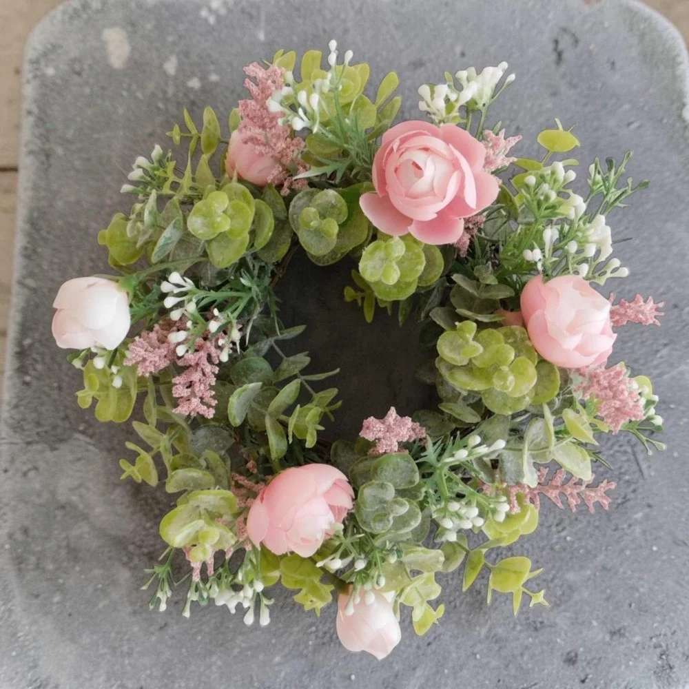 Dusty Miller Mini Wreath, Eucalyptus,‎ Pink Flowers, Candle Ring