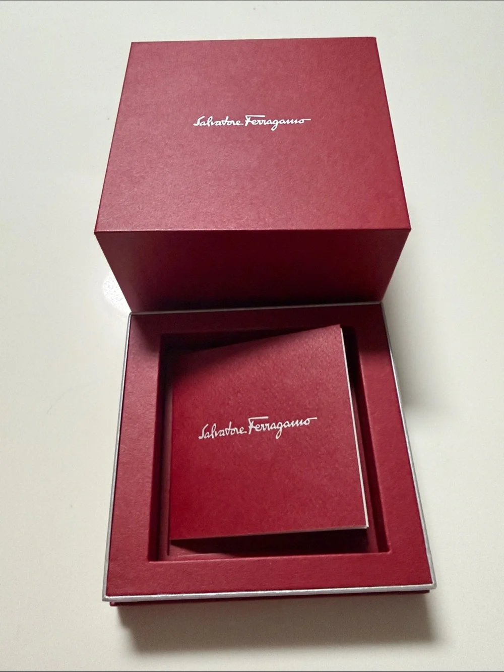 Salvatore Ferragamo Wine Red Gift Box with Silver Logo/ warranty authentic book