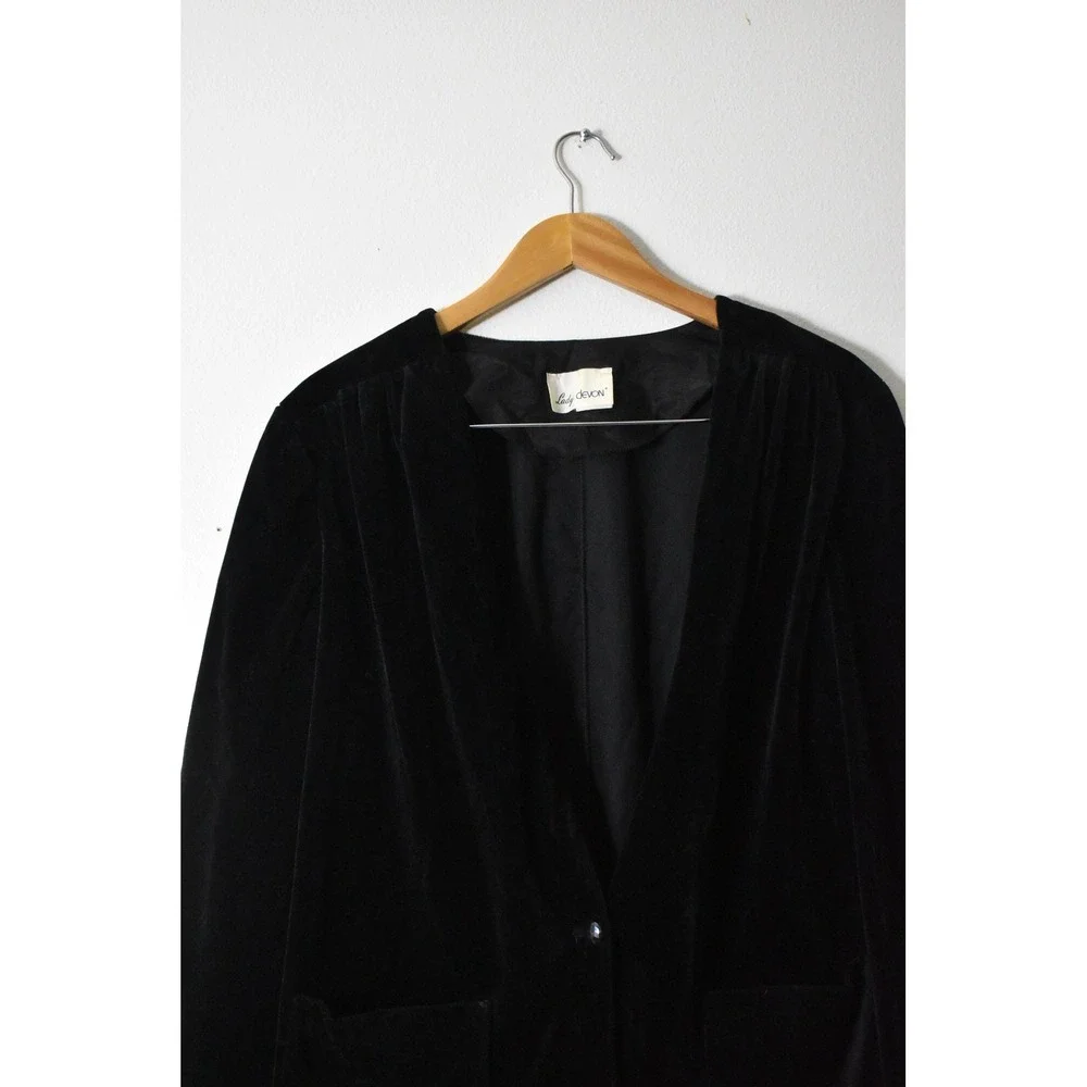 Lady Devon Velvet Blazer Women 40 Black Vintage 80s Collarless Pocket Jacket