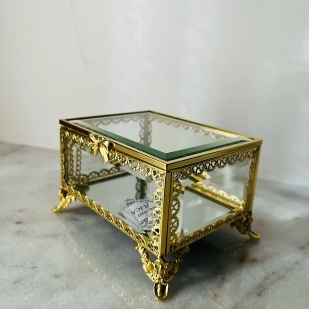 Elegant Gold and Glass Jewelry Box antique style. New