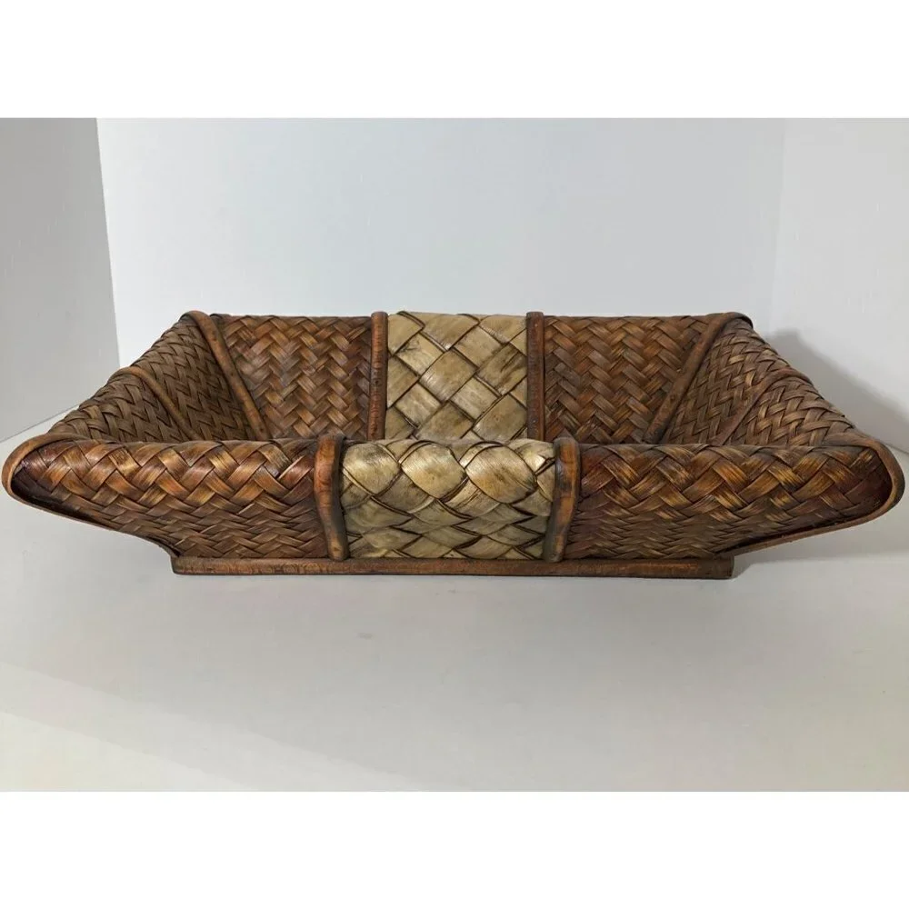 Vintage Rectangular Lattice Grass Bamboo 2 Toned‎ Stained Basket 11x 16 x 4