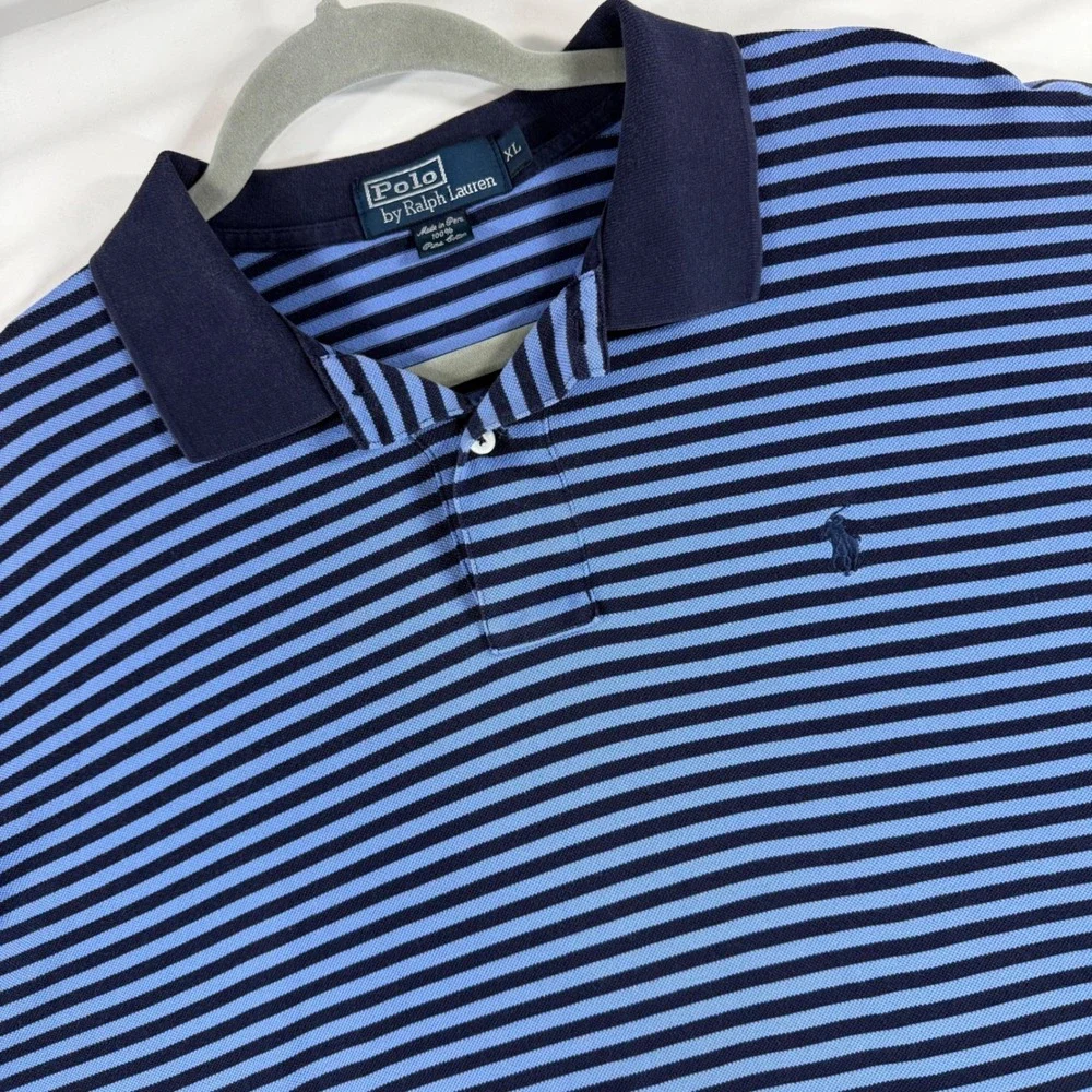 Polo Ralph Lauren Mens XL 100% Pima Cotton Striped Polo Blue Navy Short Sleeve
