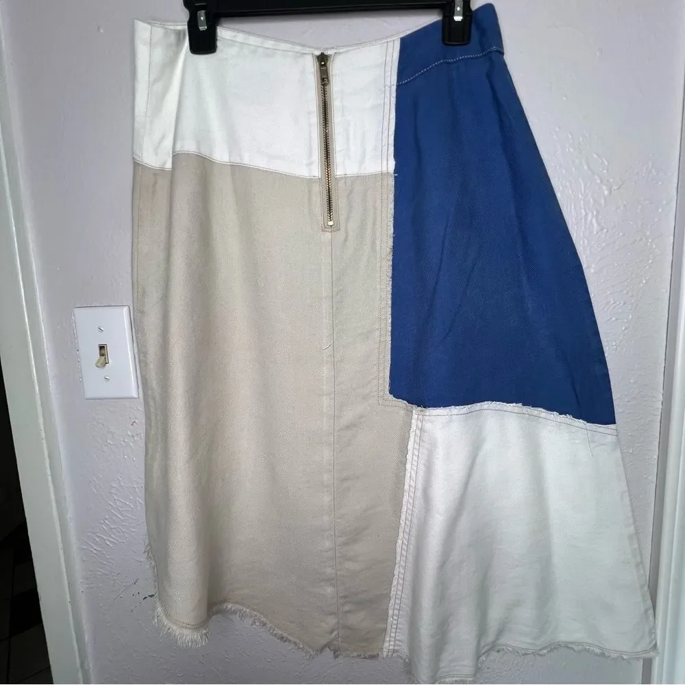 Anthropologie Holding Horses Frida Patchwork Asymmetric White, Blue Skirt Sz 8