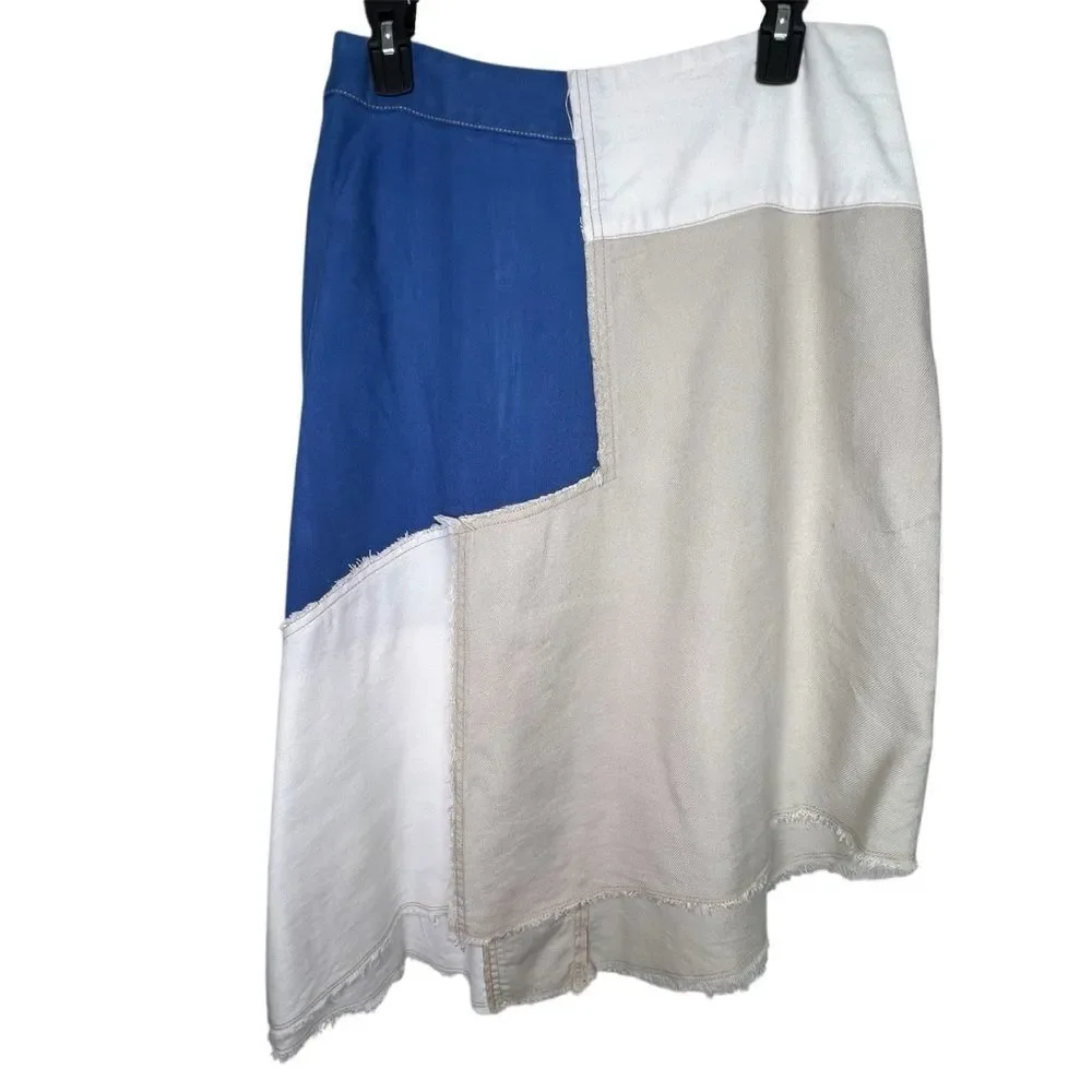 Anthropologie Holding Horses Frida Patchwork Asymmetric White, Blue Skirt Sz 8