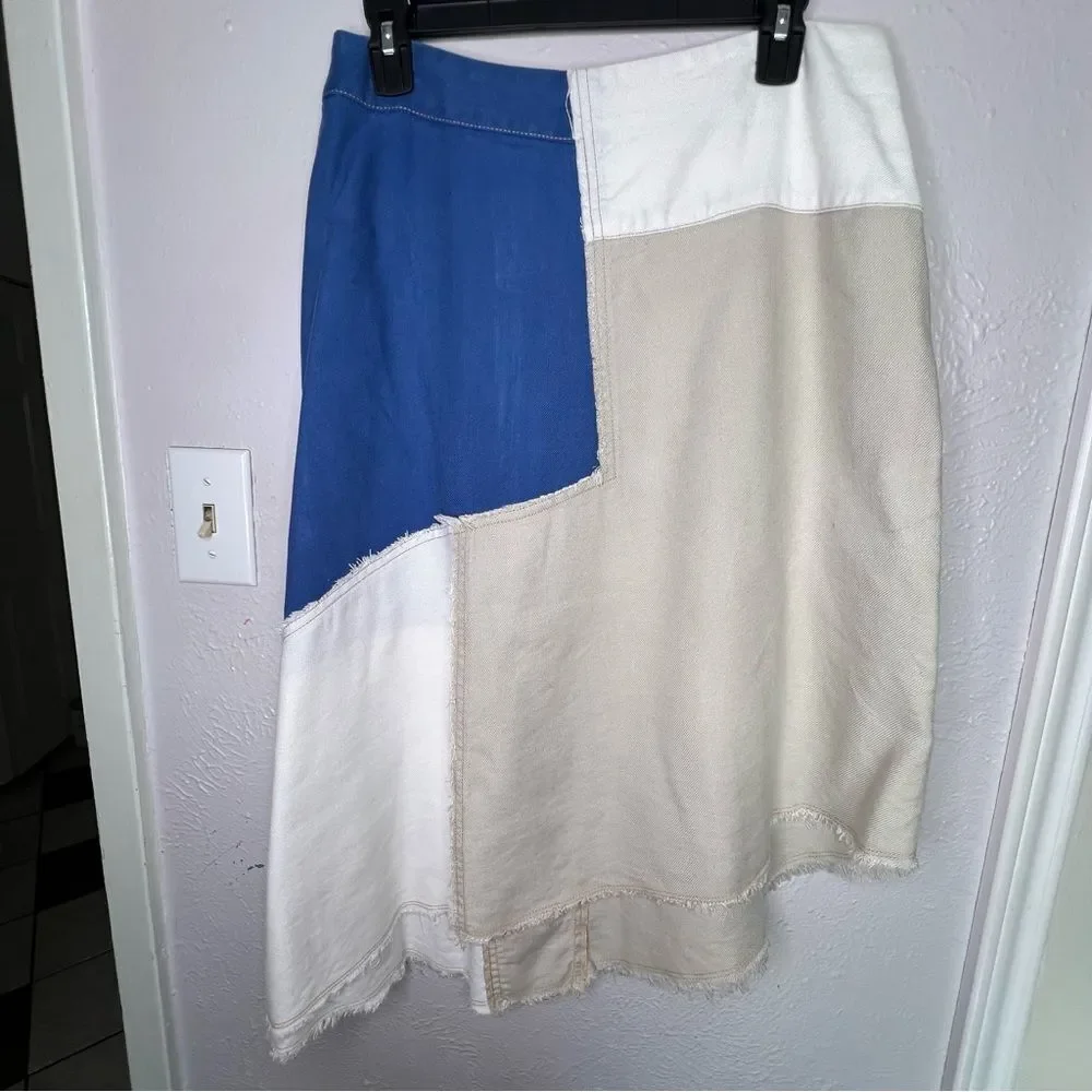 Anthropologie Holding Horses Frida Patchwork Asymmetric White, Blue Skirt Sz 8