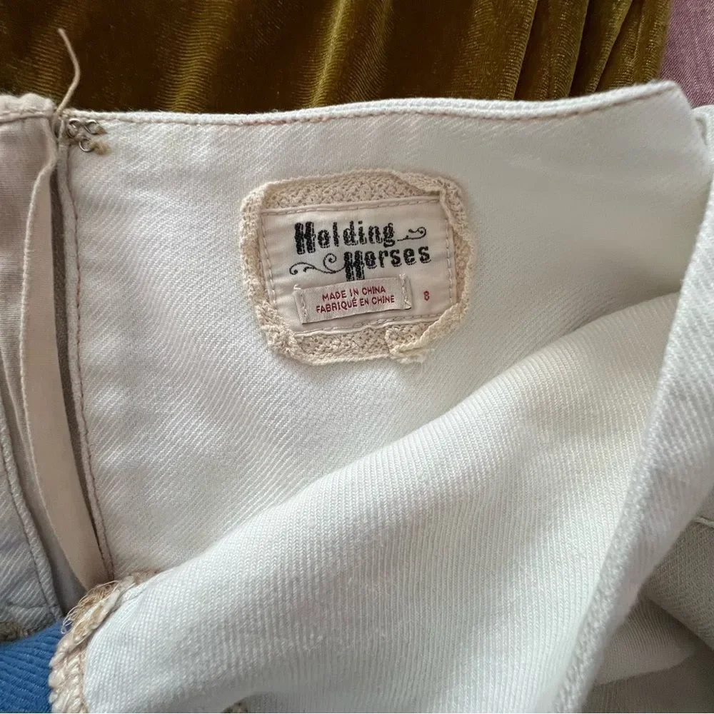 Anthropologie Holding Horses Frida Patchwork Asymmetric White, Blue Skirt Sz 8