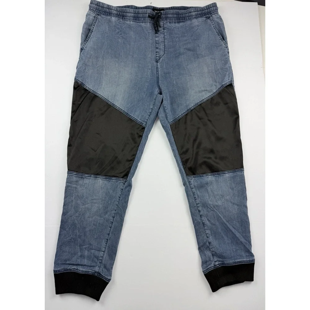 True Religion Jogger Pants Men's Approx 40 Blue Denim Contrast Panel Drawstring