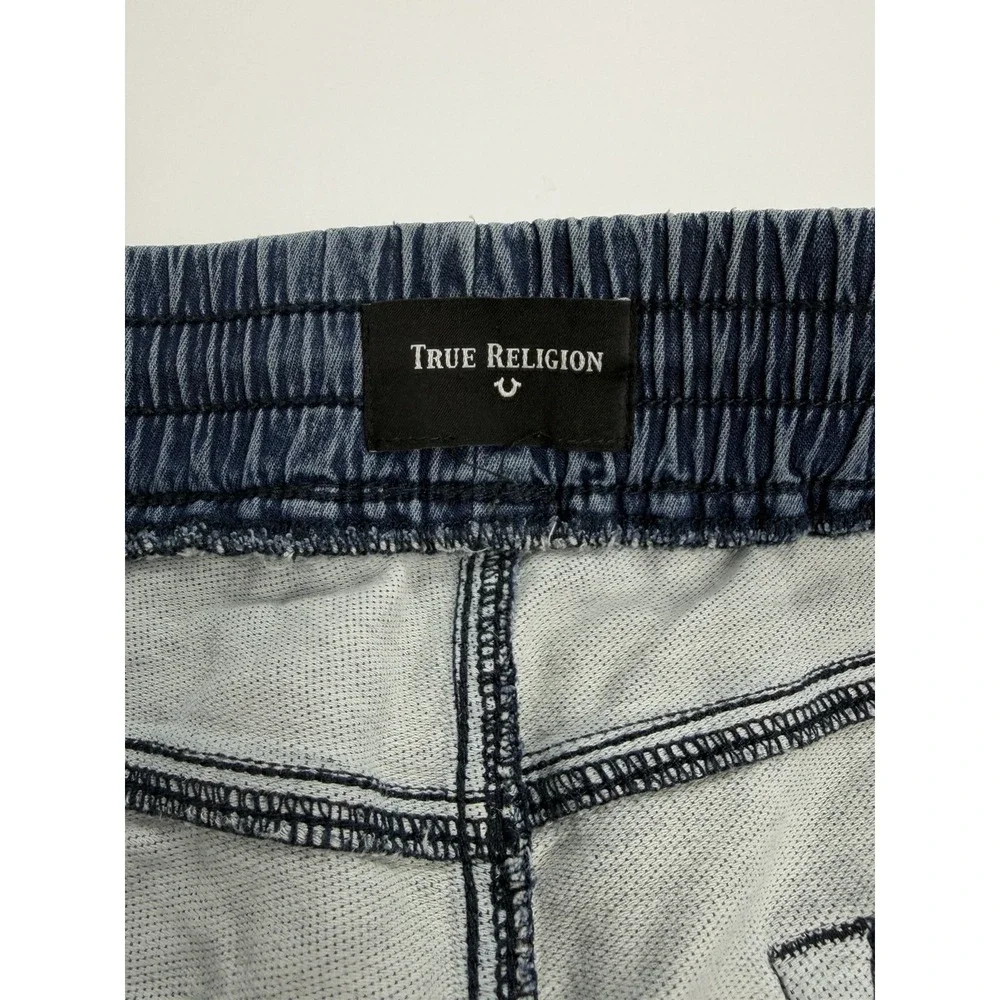 True Religion Jogger Pants Men's Approx 40 Blue Denim Contrast Panel Drawstring