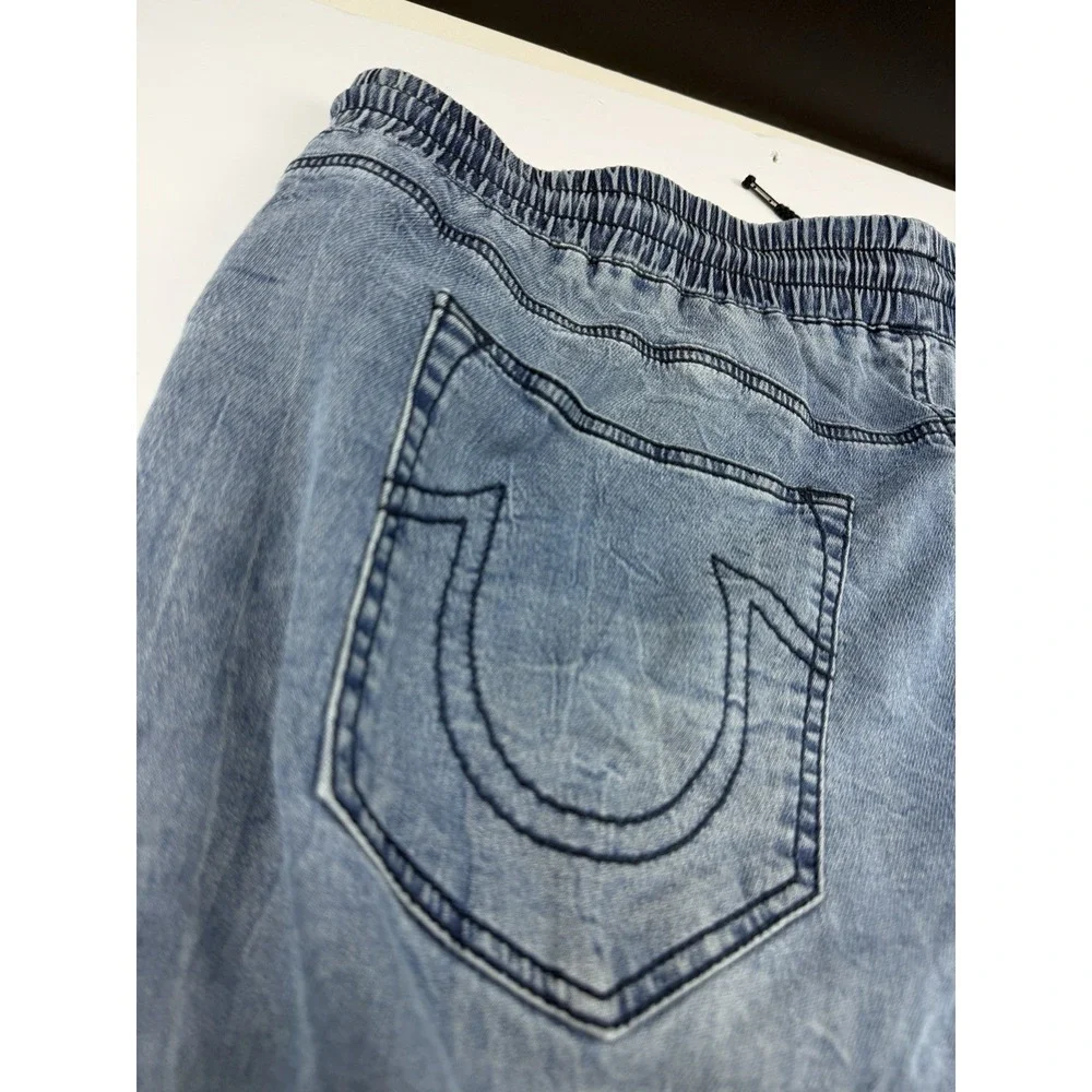 True Religion Jogger Pants Men's Approx 40 Blue Denim Contrast Panel Drawstring