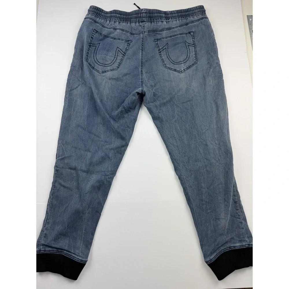 True Religion Jogger Pants Men's Approx 40 Blue Denim Contrast Panel Drawstring