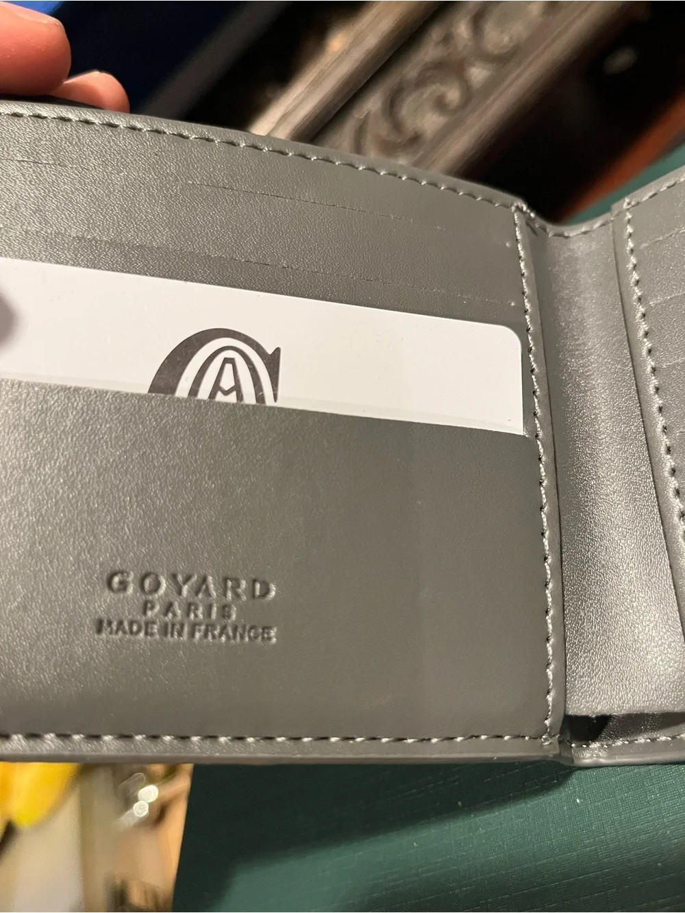 Gray Leather Card Wallet with Embossed Logo