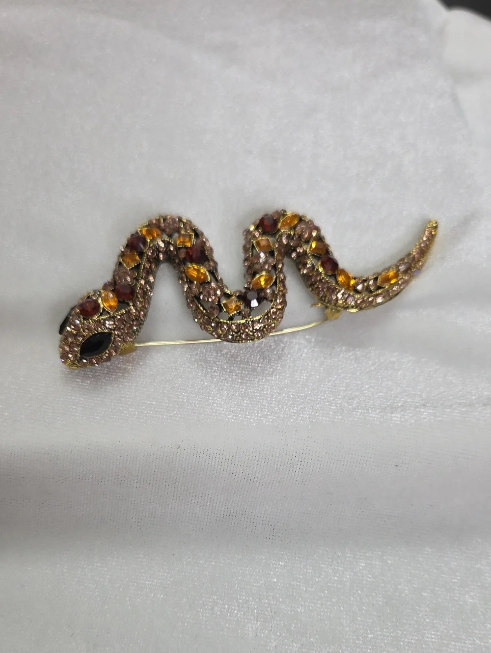 Women's Large Rhinestone Snake Brooch Pin Orange Amber Gold Rhinestones Elegant