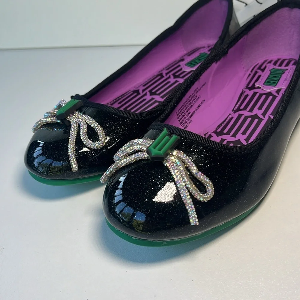NEW Wicked Black + Purple Ballet Flats Girls Size 3 with faux diamond bow +logo