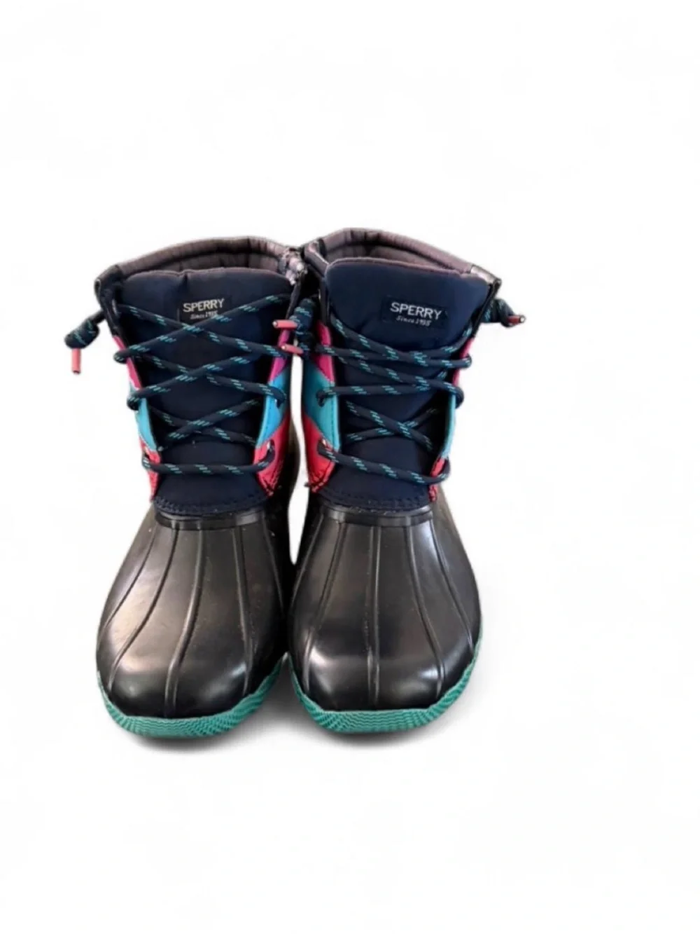 Sperry Kids Black Duck Boots with Teal and Pink Accents
