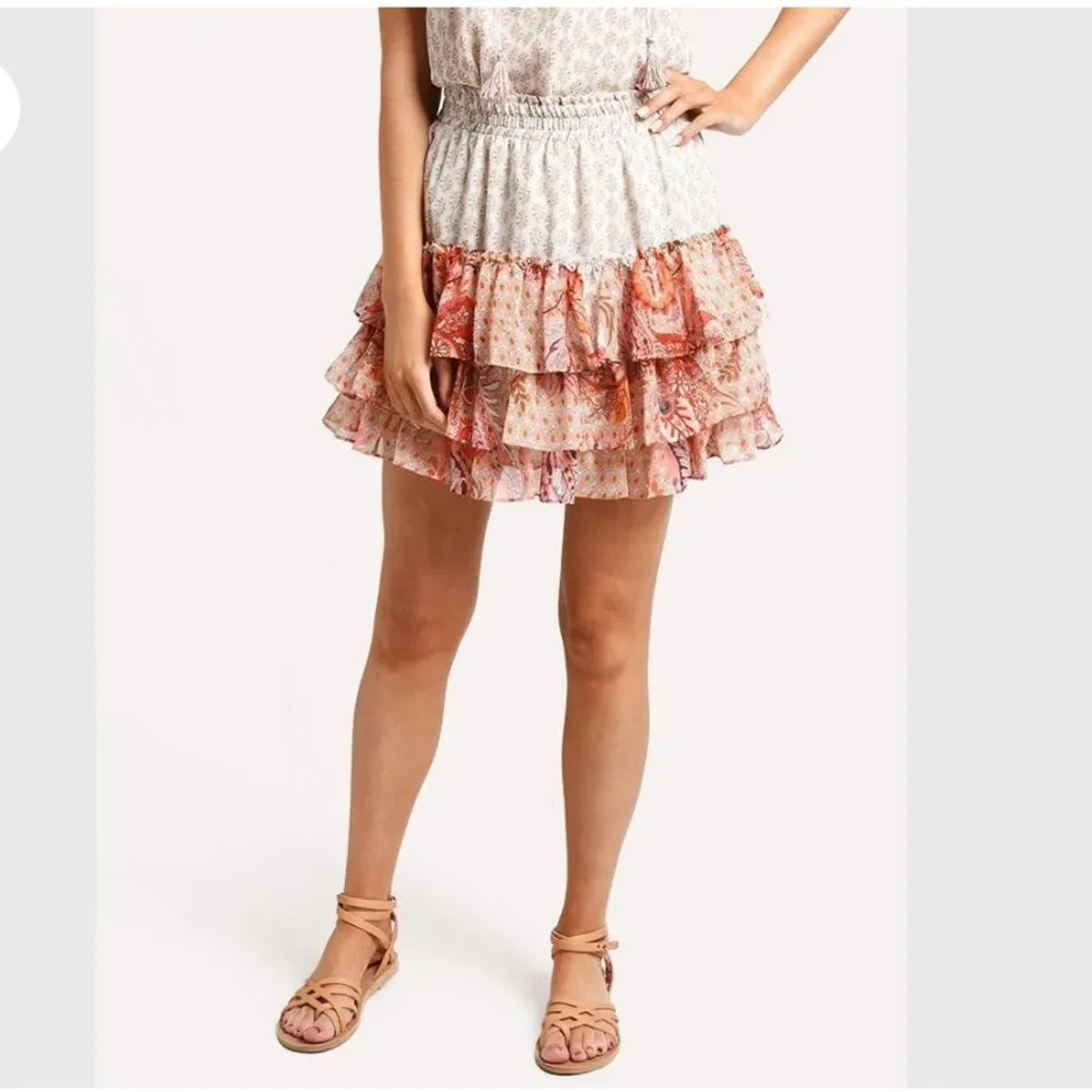 MISA Marina Tiered Ruffle Flirty Floral Flowy Skirt Size XS