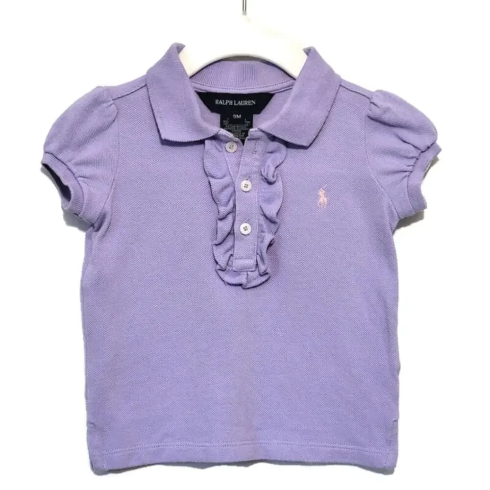 Ralph Lauren Girls Short Sleeve Ruffle Button Down Purple Polo Top Size 9 Month