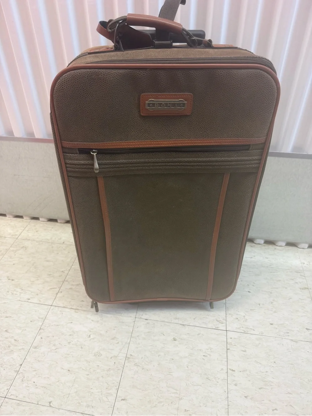 Brown Rolling Carry-On Suitcase with Leather Trim