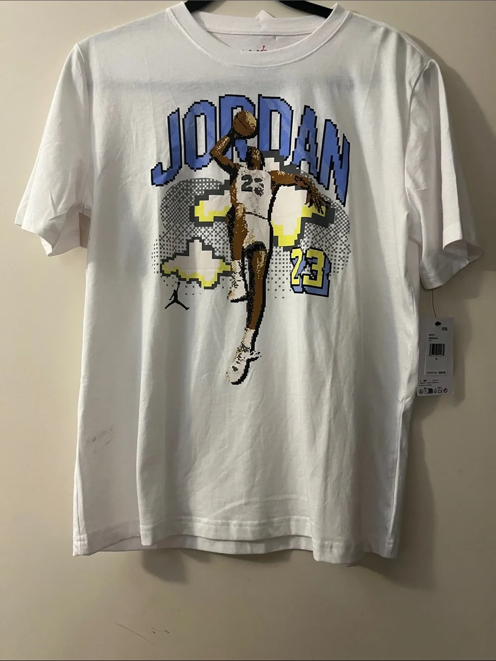 Jordan White Tee with Blue and Yellow Pixel Dunk Graphic