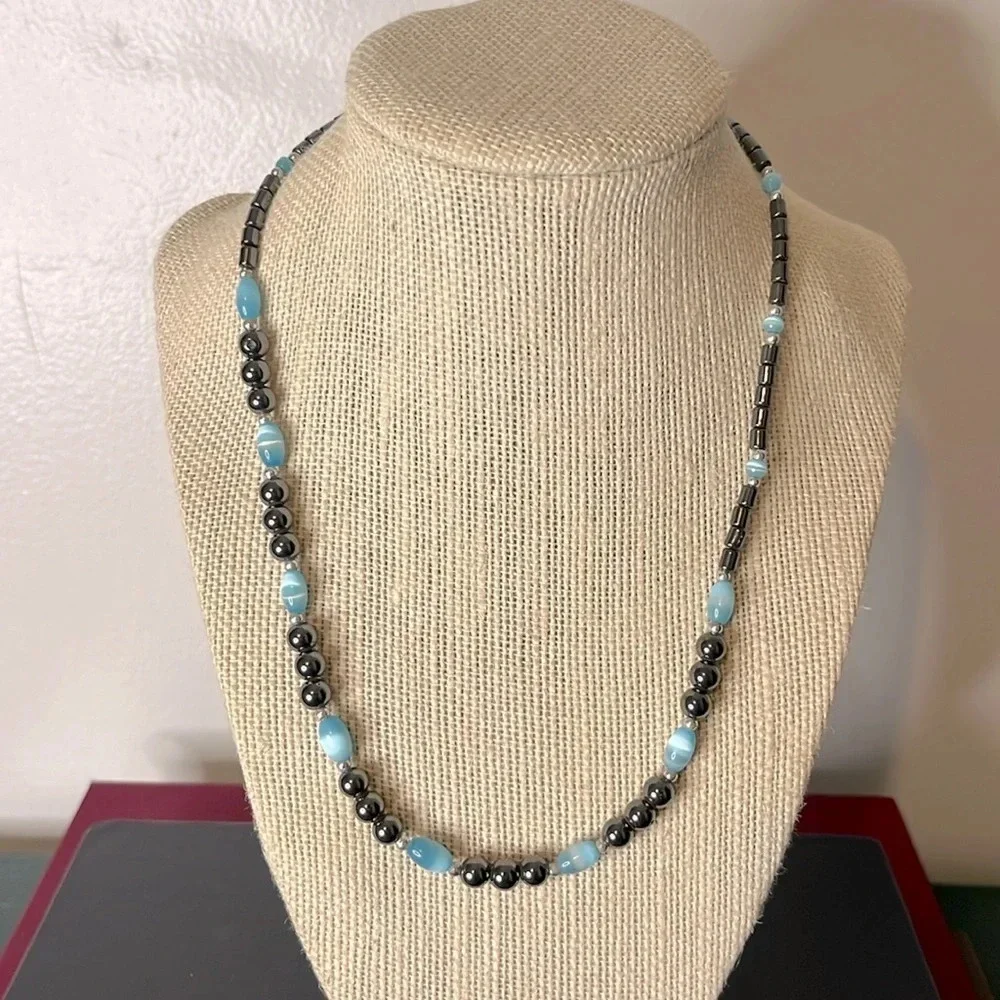 Hematite and Blue‎ Glass Beaded Vintage 90s Necklace