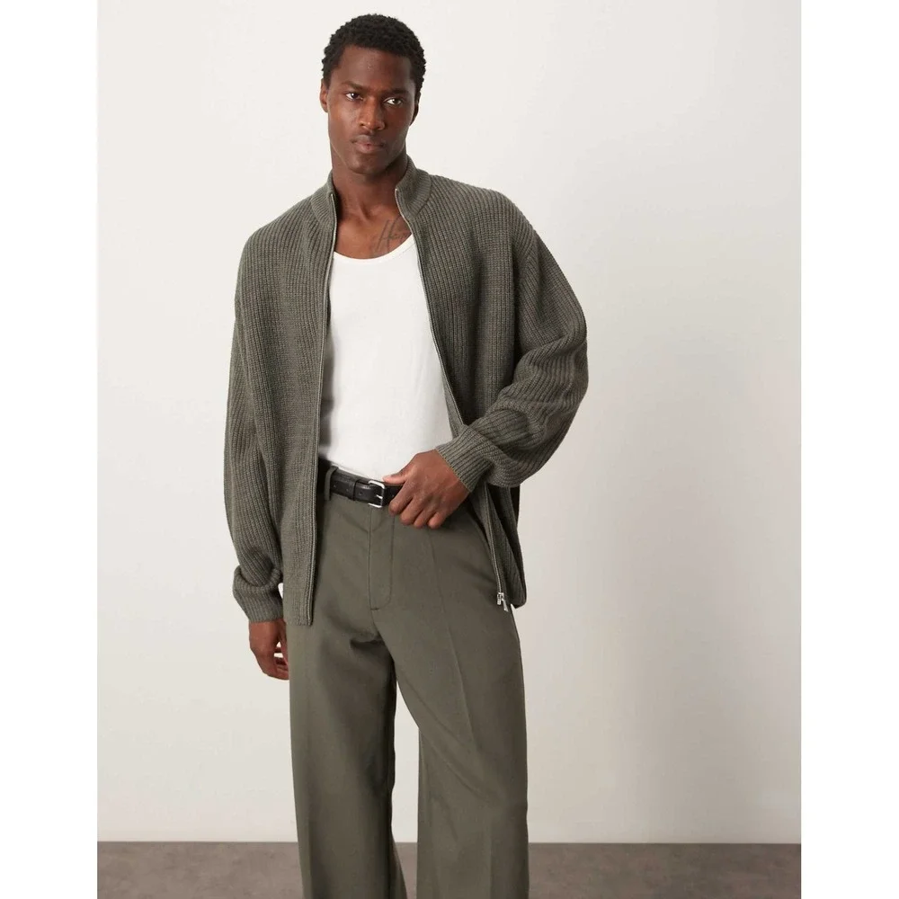 ASOS DESIGN Knitted Oversized Fisherman‎ Rib Zip Through - Grey Size XL NWT