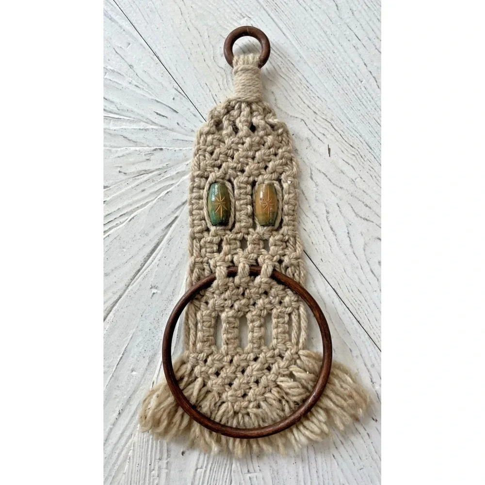 Vintage Retro MCM Beige Macrame Wall Hanging Hand Towel Ring Holder Wooden Beads