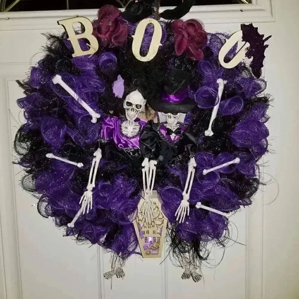 Handmade Halloween Mr and Mrs skeleton wreath