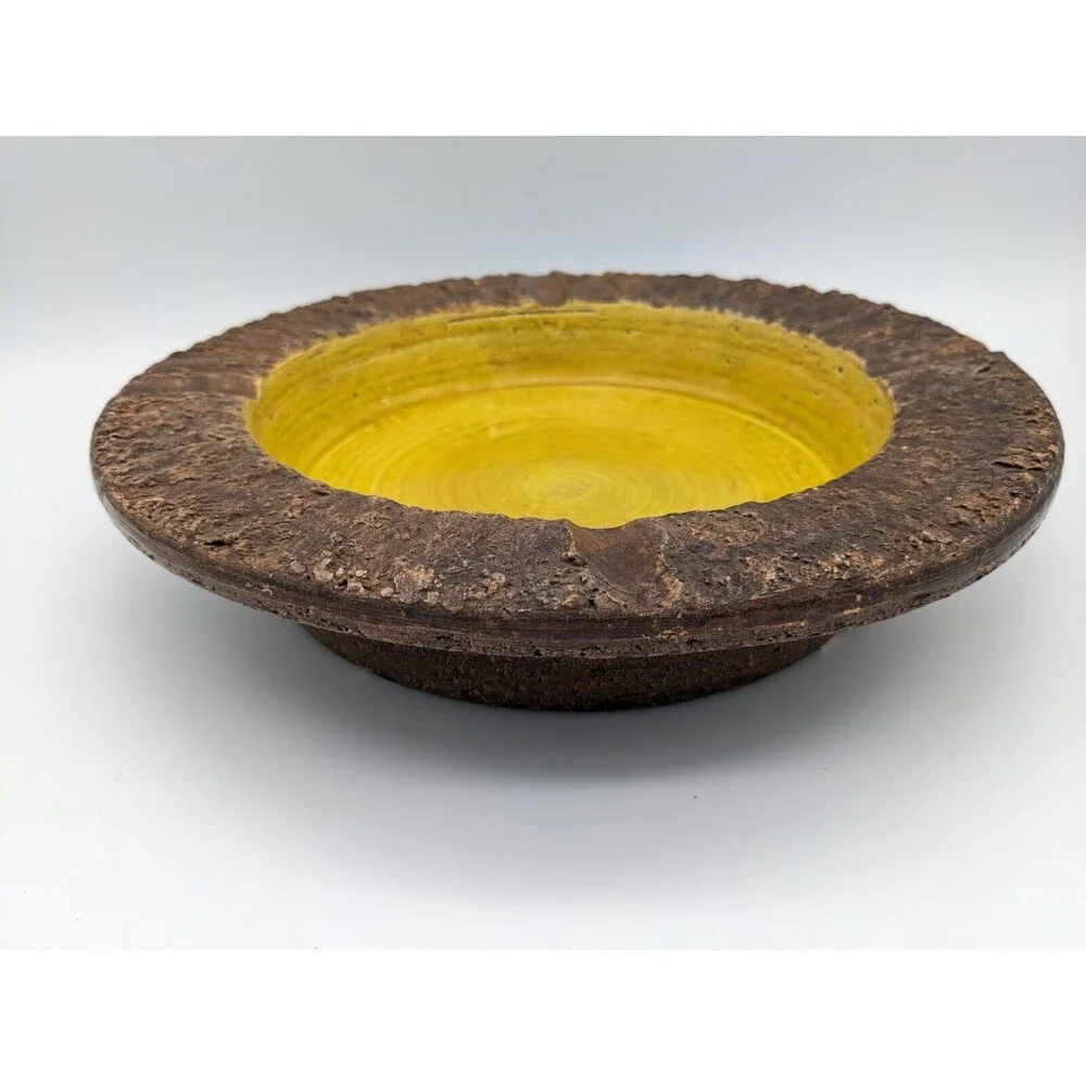 Vintage Bitossi Ashtray Round Bowl‎ Brown Yellow 1960s Italy Brutalist 10.5