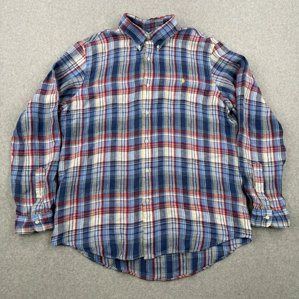 Polo Ralph Lauren Shirt Mens XL Blue Plaid Linen Preppy Button Down Long‎ Sleeve