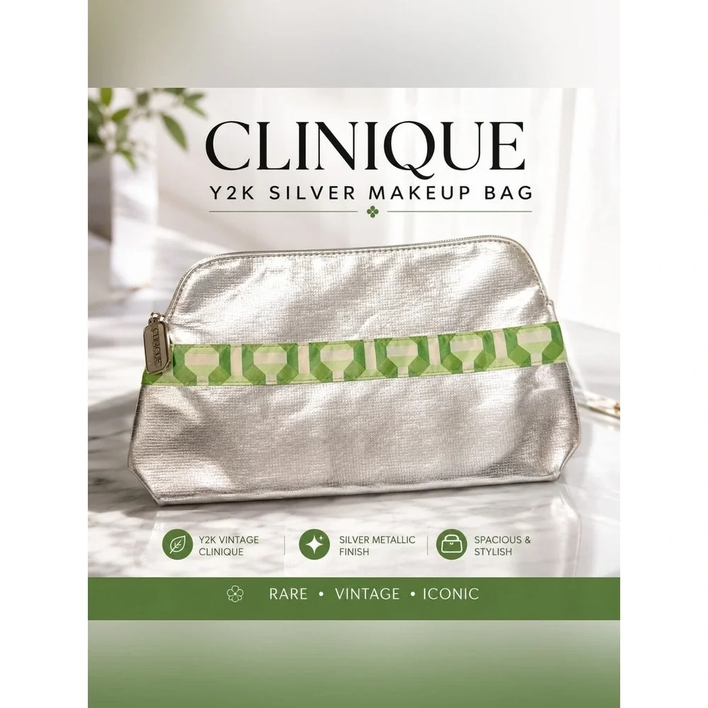 Clinique‎ Y2K Silver Metallic Makeup Bag Cosmetic Pouch Travel Case