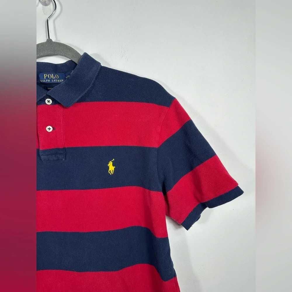 Polo Ralph Lauren Custom Fit Polo Shirt Mens Large Red Navy Striped Short Sleeve