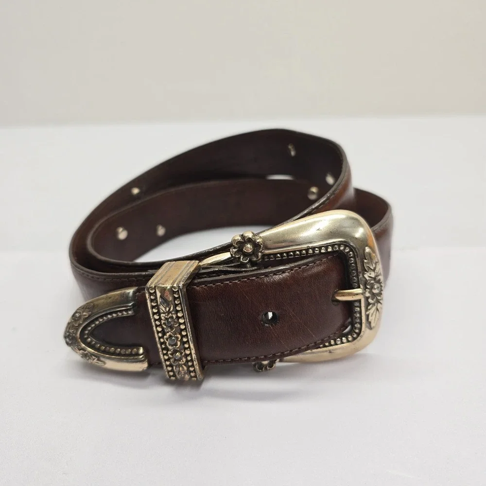 Vintage Brown Leather Gardening Theme Belt Silver Hardware Charms Size M USA