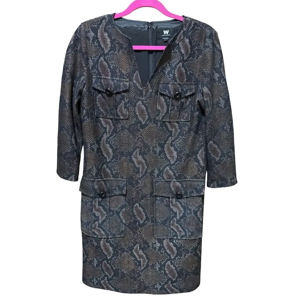 W by Worth Deep Coco Brown Snakeskin Print V-Neck Shift Dress – Size 6