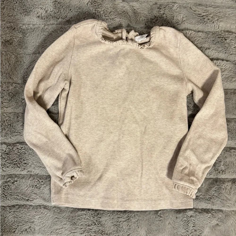 Beige Gap Kids Fine Ribbed Pullover Ruffle Sweater, Long Sleeve, 5 Years