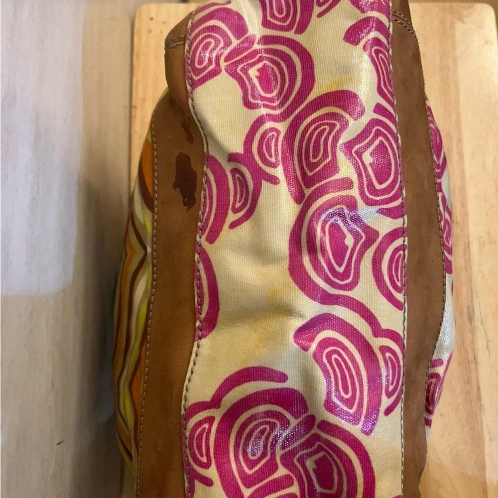 FOSSIL Key Per Coated Canvas Leather Trim Multi Pattern Hobo  Purse