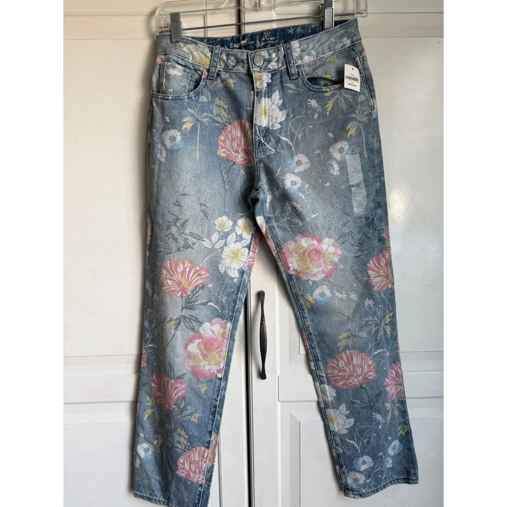 Gap Kids Girls Floral‎ Girlfriend Jeans Light Wash Blue Pink Size 14 Regular NWT