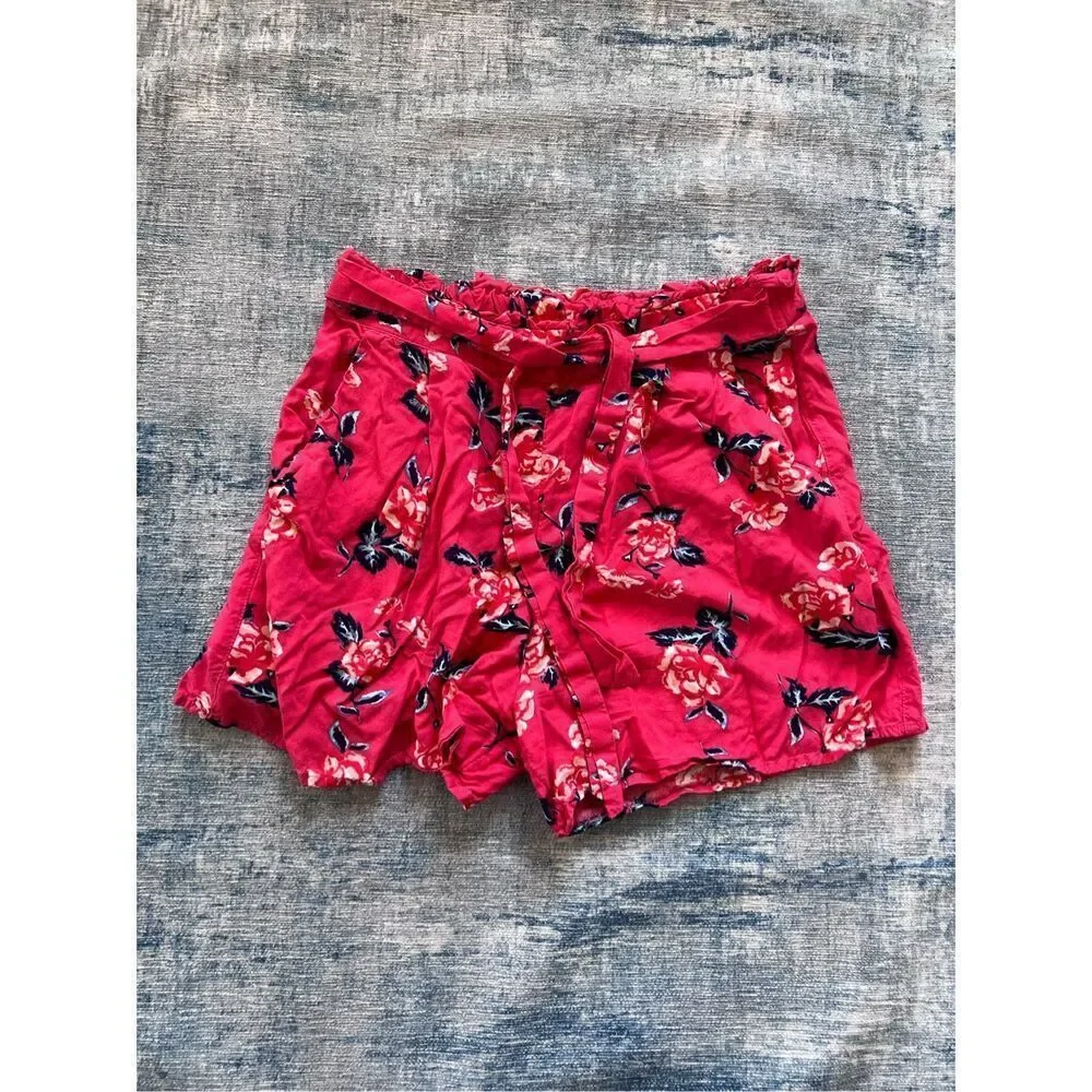 Justice Red Pink Floral Rose Shorts w Attached Belt Size 14 / 16