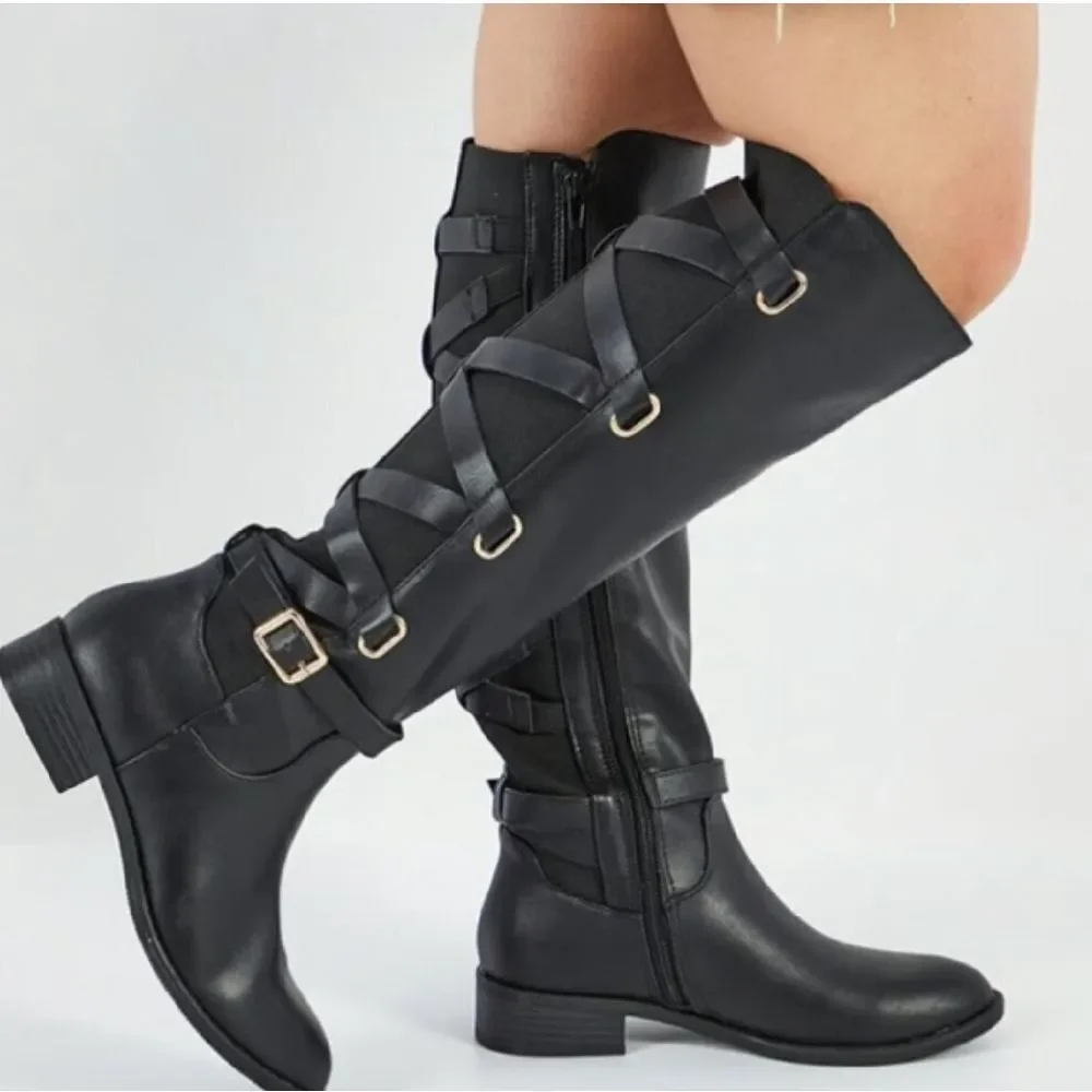 Thalia Sodi Veronika Black Knee High Wide Calf Boots 7WIDE NWOT Back Lace Up