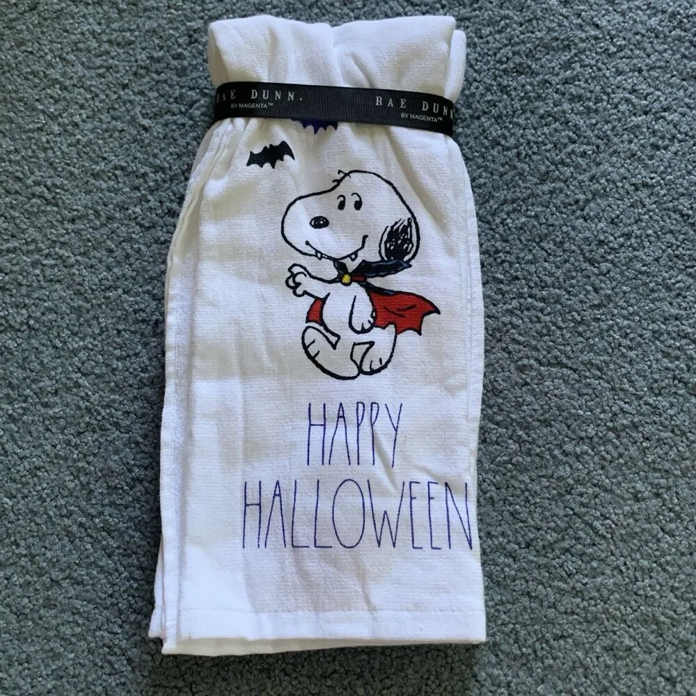 Rae Dunn Peanuts Snoopy Happy Halloween Holiday Kitchen Towels 2 Pk NEW
