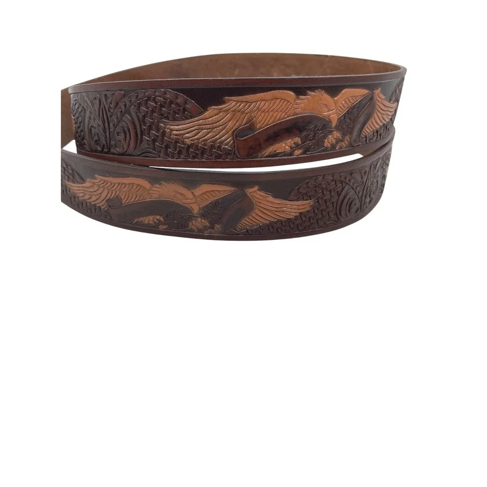 Vintage Western Belt Mens 50 Brown Top Grain Leather Tooled Eagle Brass Buckle