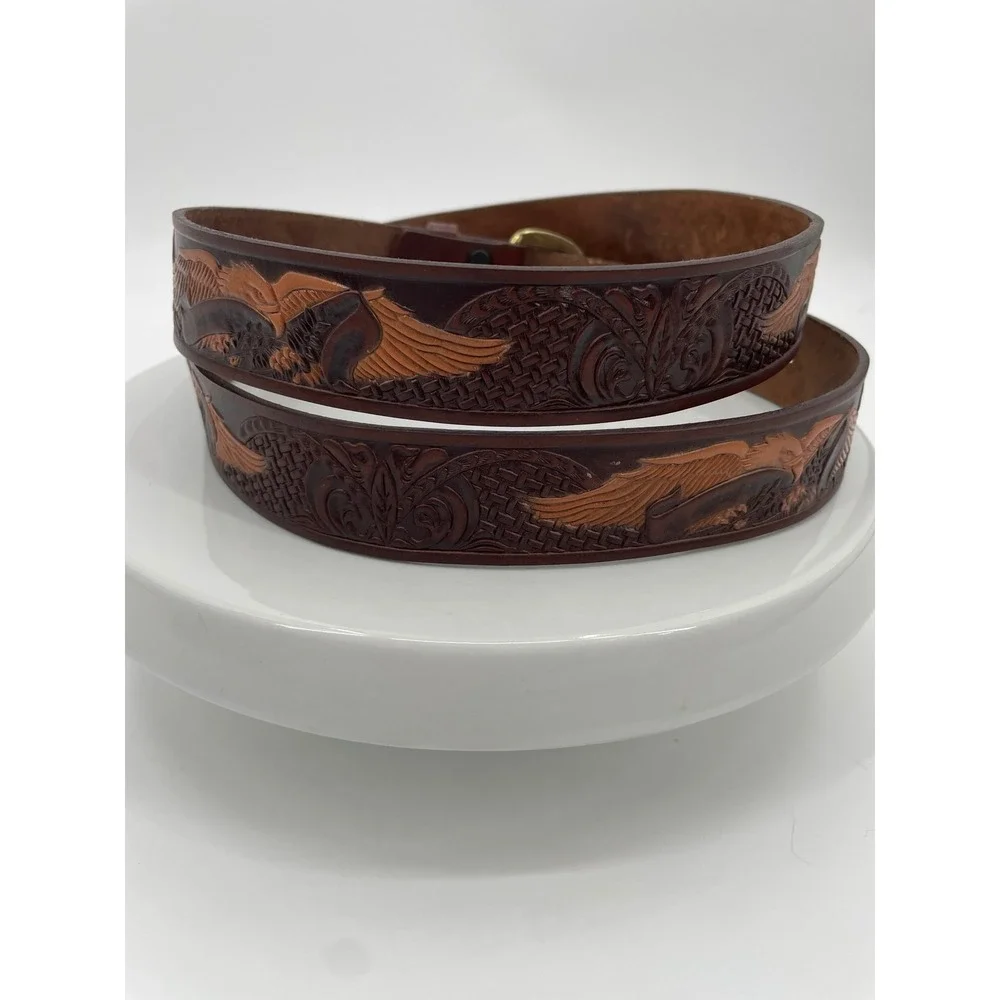 Vintage Western Belt Mens 50 Brown Top Grain Leather Tooled Eagle Brass Buckle