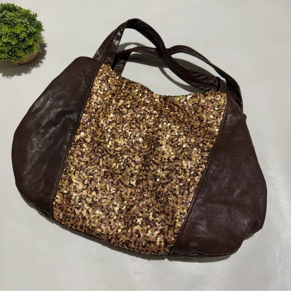 Banana Republic Vtg Y2K Brown Leather Hobo Shoulder‎ Bag Purse Gold Sequin Fall