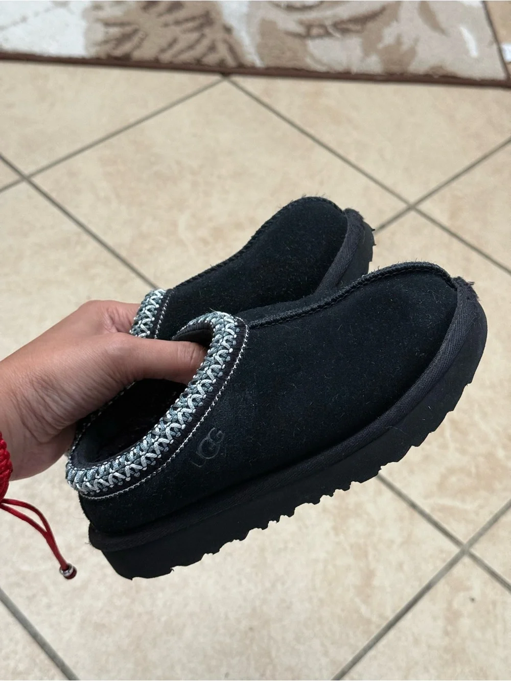 Kids UGG Black Suede Slip-On Clog with Braided Trim