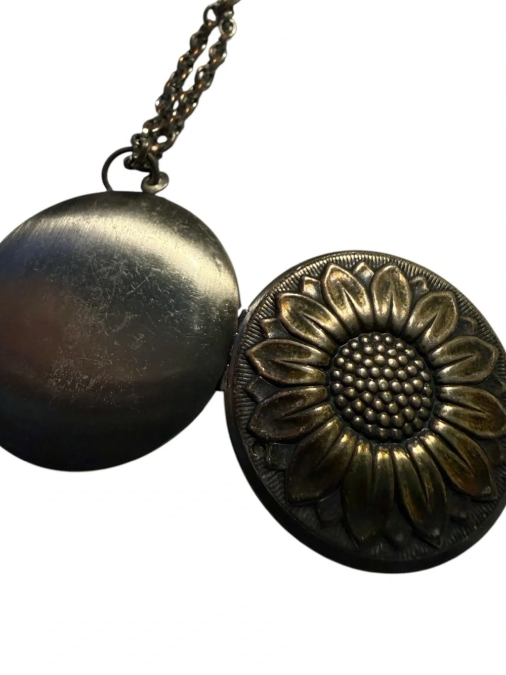 Vintage Locket Sunflower Medallion Pendant Necklace - Antiqued Silver Patina