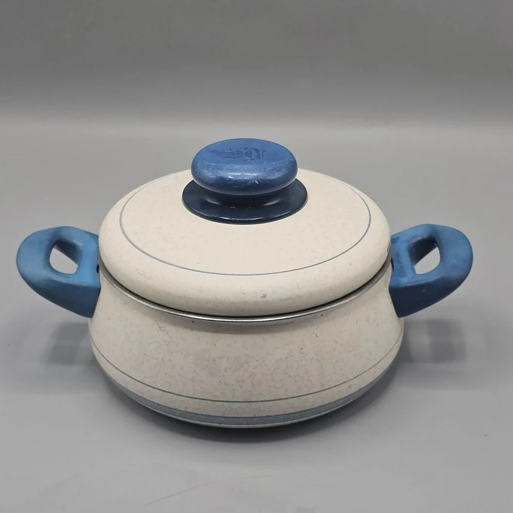 Vintage Silit Enamel Blue 1 QT Saucepot & Lid 60s Double Handle Mid Century
