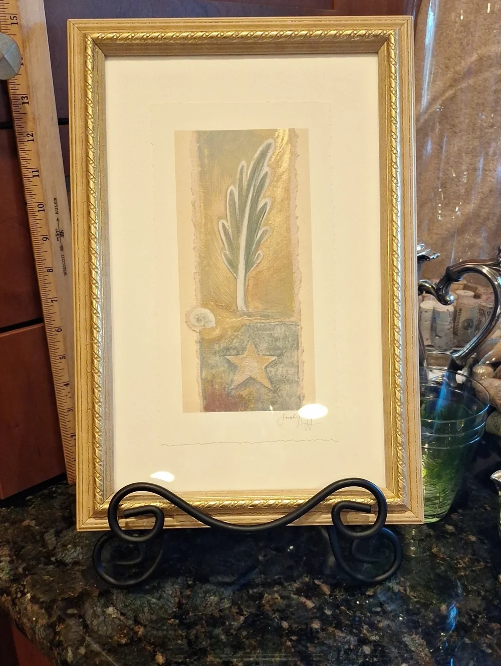 Vtg. Pier 1 Framed Star & Leaf Artwork in Gold Frame Signed Sarah Lugg