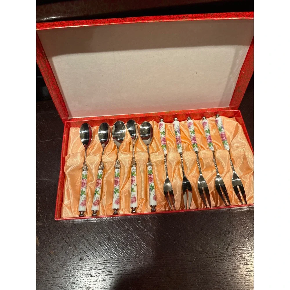 Vintage Floral Porcelain Handle Dessert Spoon and Fork Set 10pc Silver Tone Rose