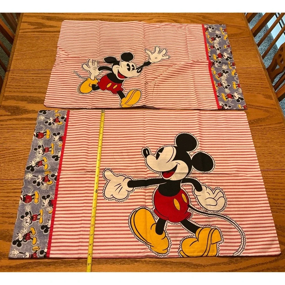 Vintage Disney Mickey Mouse Pillowcase Set 2pc Red White Striped Standard