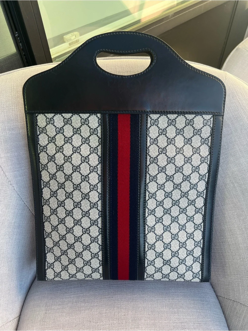 Gucci Old Sherry Line GG Logo Leather Handbag Tote Red Navy blue