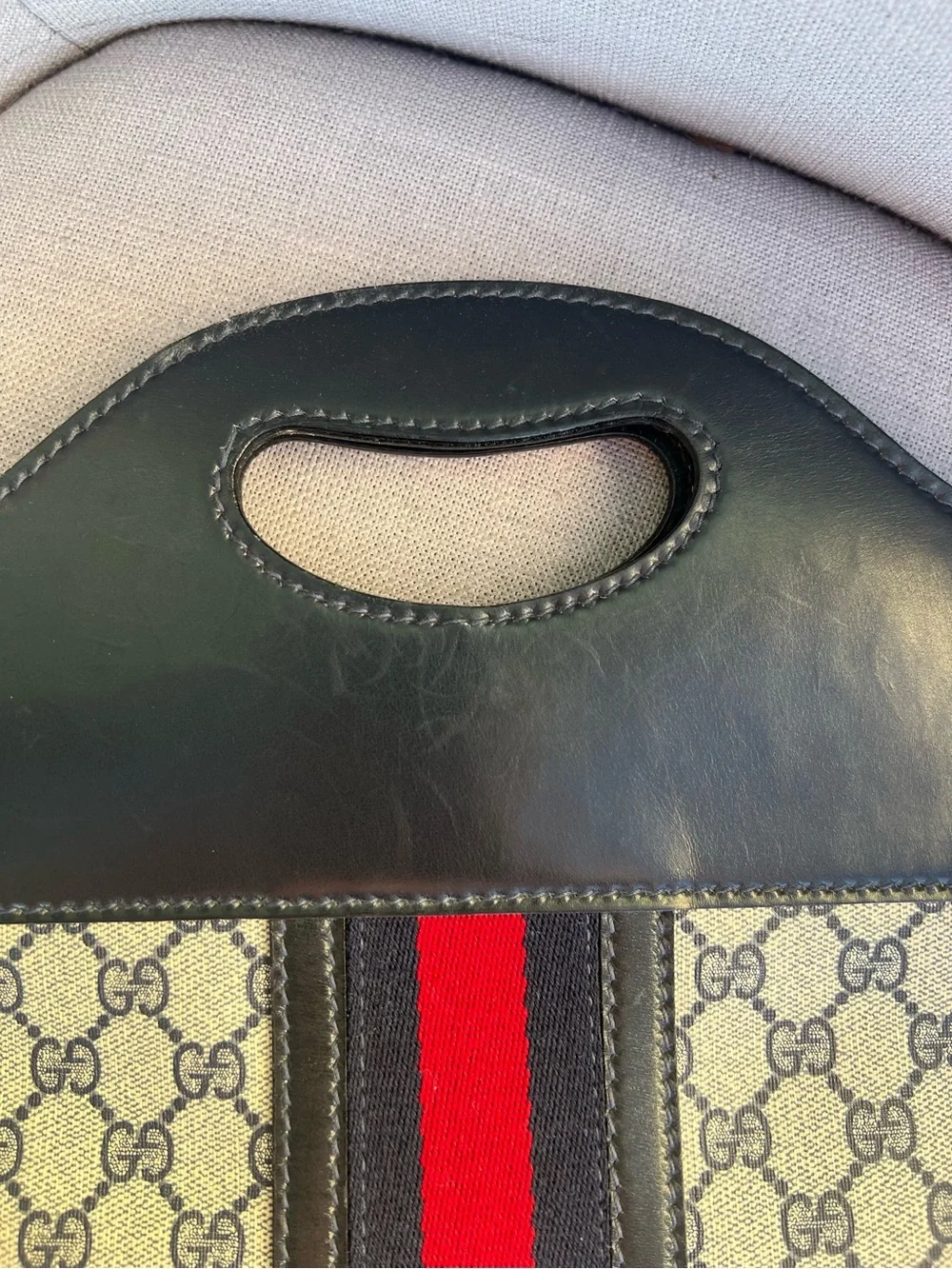 Gucci Old Sherry Line GG Logo Leather Handbag Tote Red Navy blue