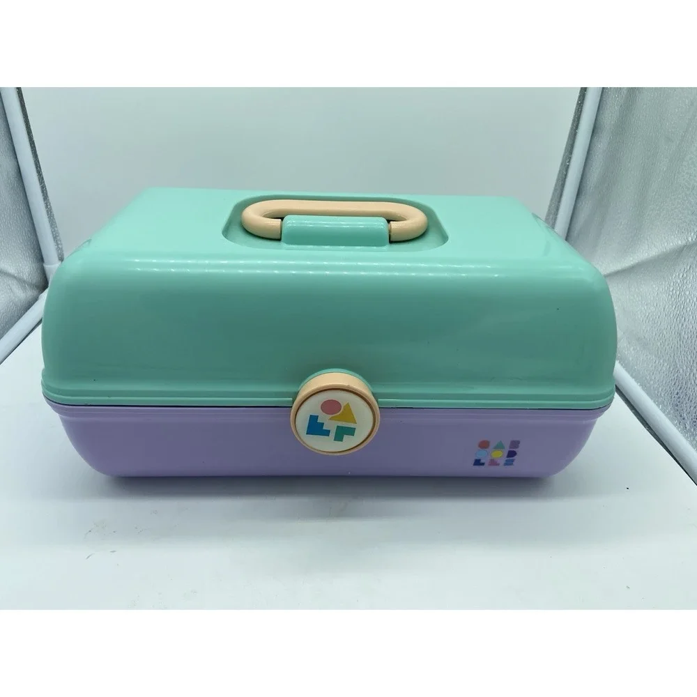 Caboodles Pretty in Petite Makeup Case Purple Teal Peach Mirror‎ Tray EUC
